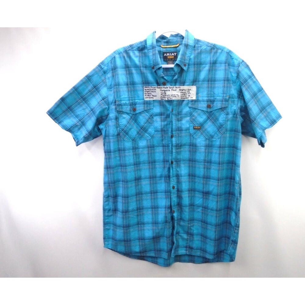 Ariat Rebar Work Shirt Mens Large Turquoise Plaid DuraStretch Short Sleeve Blue